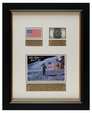 Lot #8341 Apollo 15 Lunar Landed Flag and Lunar Orbited Metal Robbins Medallion  - From the Personal Collection of Dave Scott - Image 1
