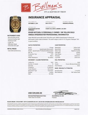 Lot #8317 Omega Speedmaster Professional 18K Gold Apollo Commemorative Watch - From the Personal Collection of Edgar Mitchell - Image 7