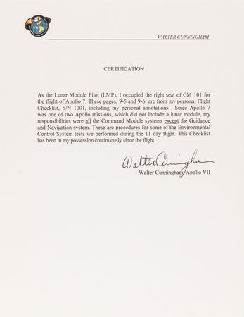 Lot #8130 Apollo 7 Flown Checklist Page Signed by Walt Cunningham - From the Personal Collection of Walt Cunningham - Image 4