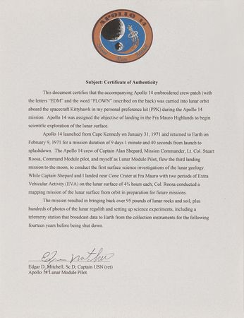 Lot #8311 Apollo 14 Flown Patch - From the Personal Collection of Edgar Mitchell - Image 3