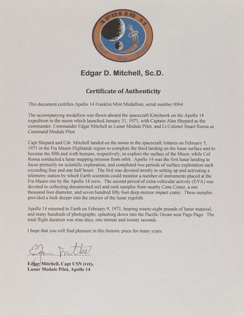 Lot #8307 Apollo 14 Flown Franklin Mint Medallion - From the Personal Collection of Edgar Mitchell - Image 4