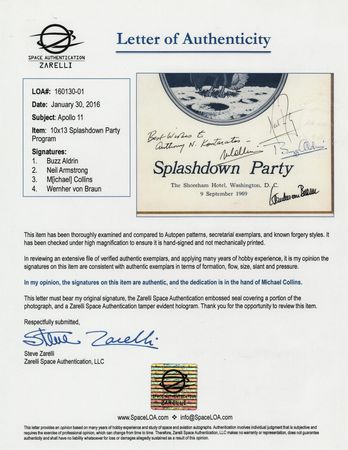 Lot #8191 Apollo 11 and Wernher von Braun Signed ?Splashdown Party? Program - Presented to the NASA Scientist Who Helped Save the Apollo 13 Astronauts - Image 4