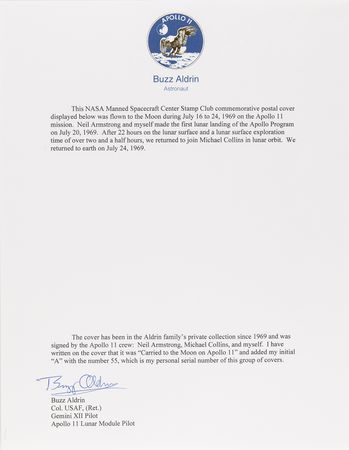 Lot #8175 Apollo 11 Crew-Signed 'Type 1' Quarantine Cover, ?Carried to the Moon on Apollo 11? - Flown Cover from the Personal Collection of Buzz Aldrin - Image 2