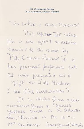 Lot #8243 Apollo 12 Flown 'Spanish Treasure' Robbins Medallion - One of 22 Wives' Pins with Inset Diamond - From the Personal Collection of Charles Conrad - Image 4