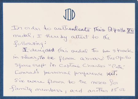 Lot #8243 Apollo 12 Flown 'Spanish Treasure' Robbins Medallion - One of 22 Wives' Pins with Inset Diamond - From the Personal Collection of Charles Conrad - Image 5