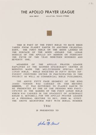 Lot #8313 Apollo 14 Collection of (36) Flown Lunar Bible 50-Page Text Fragments - Image 11