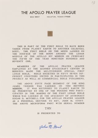 Lot #8313 Apollo 14 Collection of (36) Flown Lunar Bible 50-Page Text Fragments - Image 12