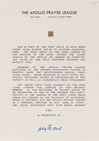 Lot #8313 Apollo 14 Collection of (36) Flown Lunar Bible 50-Page Text Fragments - Image 14