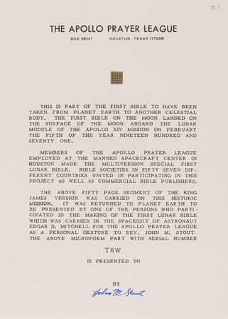 Lot #8313 Apollo 14 Collection of (36) Flown Lunar Bible 50-Page Text Fragments - Image 20