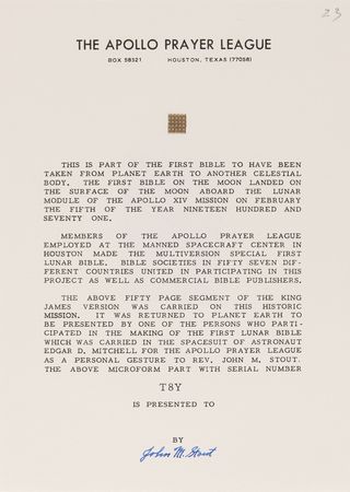 Lot #8313 Apollo 14 Collection of (36) Flown Lunar Bible 50-Page Text Fragments - Image 22