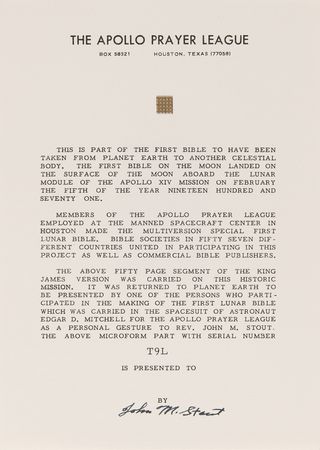 Lot #8313 Apollo 14 Collection of (36) Flown Lunar Bible 50-Page Text Fragments - Image 26