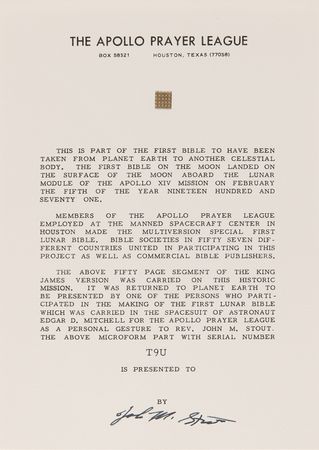 Lot #8313 Apollo 14 Collection of (36) Flown Lunar Bible 50-Page Text Fragments - Image 34