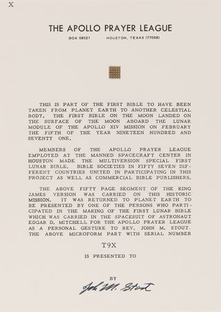 Lot #8313 Apollo 14 Collection of (36) Flown Lunar Bible 50-Page Text Fragments - Image 36