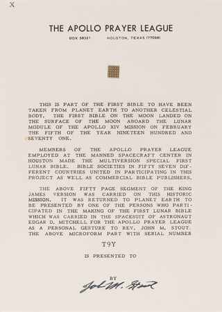 Lot #8313 Apollo 14 Collection of (36) Flown Lunar Bible 50-Page Text Fragments - Image 38