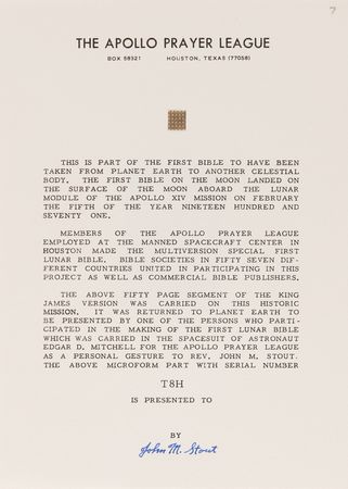 Lot #8313 Apollo 14 Collection of (36) Flown Lunar Bible 50-Page Text Fragments - Image 6