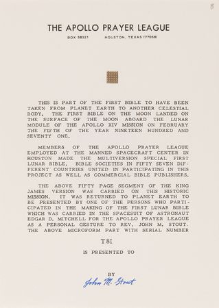 Lot #8313 Apollo 14 Collection of (36) Flown Lunar Bible 50-Page Text Fragments - Image 7