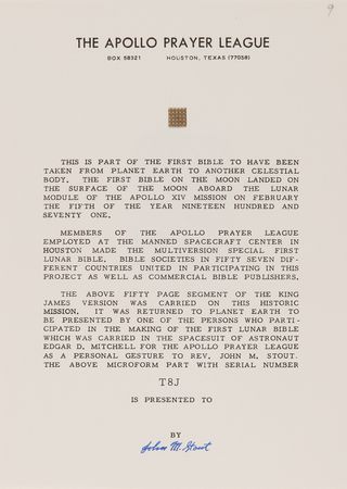 Lot #8313 Apollo 14 Collection of (36) Flown Lunar Bible 50-Page Text Fragments - Image 8