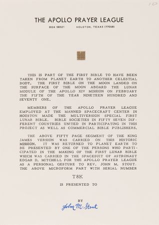 Lot #8313 Apollo 14 Collection of (36) Flown Lunar Bible 50-Page Text Fragments - Image 9