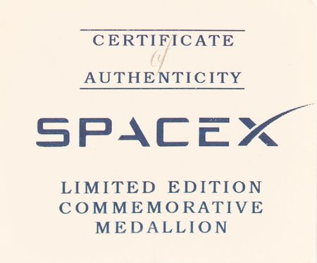 Lot #8627 SpaceX Dragon COTS-2 Employee Medallion - Image 3