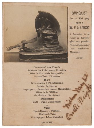 Lot #8004 Wright Brothers Signed Menu Page from an Honorary Banquet Hosted by the Aero Club of Sarthe (May 1, 1909) - Image 1