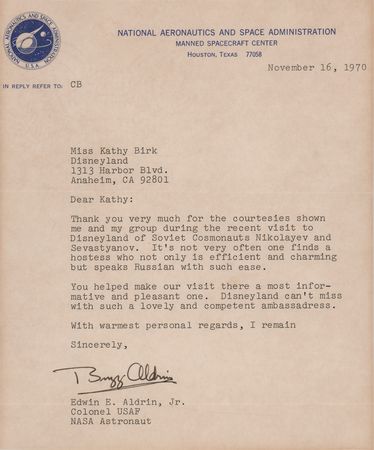 Lot #8203 Buzz Aldrin Typed Letter Signed on His Disneyland Tour with the Crew of Soyuz 9 - Image 1