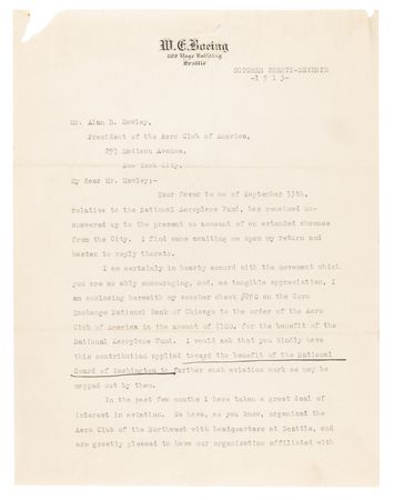 Lot #8007 William E. Boeing Typed Letter Signed, Preceding the Founding of Boeing: 