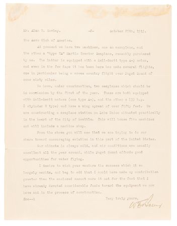 Lot #8007 William E. Boeing Typed Letter Signed, Preceding the Founding of Boeing: 