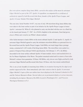 Lot #8310 Apollo 14 Flown Lunar Bible - Rare, Regally Presented Complete Microform of the King James Bible Carried to the Moon's Surface - Image 18