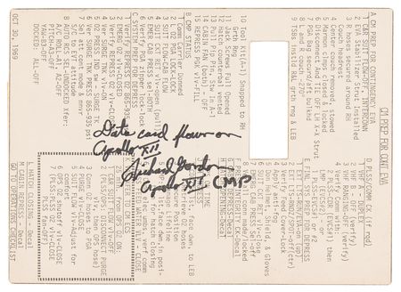 Lot #8244 Apollo 12 Flown Instrument Panel 'Contingency EVA' Data Card - Signed and Flight-Certified by CMP Richard Gordon - Image 1