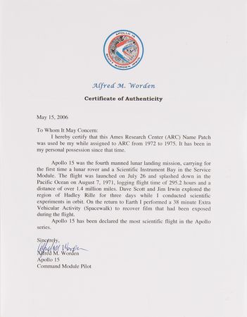 Lot #8364 Al Worden's 'Ames Research Center' Name Patch - Image 2