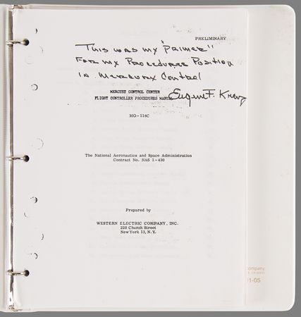 Lot #8509 Gene Kranz's Mercury Control Center - Flight Controller Procedures Manual (Preliminary) - Image 2