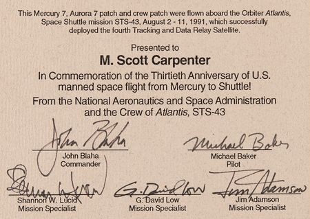 Lot #8566 STS-43 Signed Display with (2) Flown Patches - Presented to Mercury Astronaut Scott Carpenter - Image 2