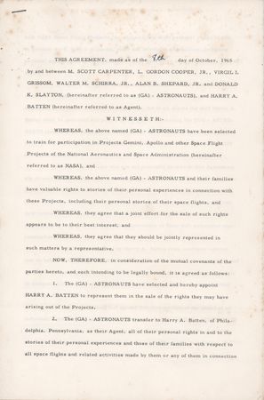 Lot #8030 Mercury Astronauts (6) Document Signed - Grissom and Company Hire a New Agent and Financial Advisor in October 1965 - Image 1