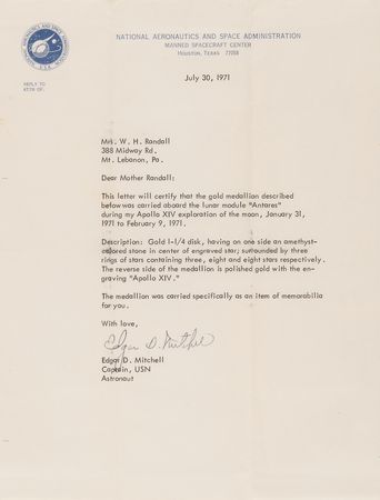 Lot #8314 Apollo 14 Lunar Surface-Flown 14K Gold Pendant - From the Personal Collection of Edgar Mitchell - Image 8