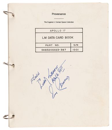 Lot #8390 Gene Cernan's Apollo 17 Lunar Surface-Flown 'LM Data Card Book' - All (20) Pages Signed and Flight-Certified by CDR Cernan - Image 1