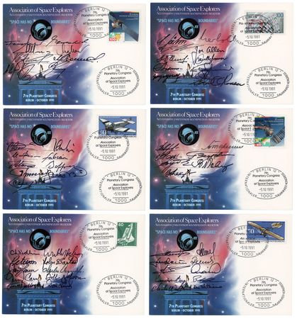Lot #8441 Astronauts and Cosmonauts Signed 1991 Space Explorer Congress Cards - (55) Signatures with Lovell, Conrad, Leonov, and Tereshkova - Image 1