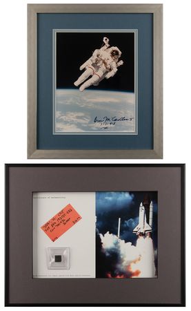 Lot #8543 Bruce McCandless Signed Photograph and Space Shuttle Discovery Tile Fragment - Image 1