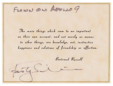Lot #8157 Apollo 9 Flown Printed Quote Signed and Flight-Certified by Rusty Schweickart - Image 1