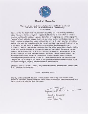 Lot #8157 Apollo 9 Flown Printed Quote Signed and Flight-Certified by Rusty Schweickart - Image 2