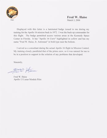 Lot #8370 Apollo 16 Crew Badge - From the Personal Collection of Backup CDR Fred Haise - Image 3