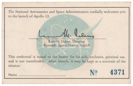 Lot #8512 Gene Kranz and Sy Liebergot Signed Apollo 13 Launch Pass - Image 2