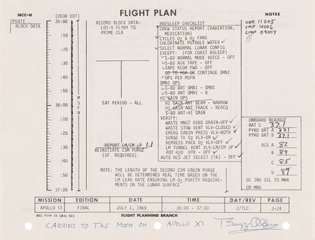 Lot #8177 Apollo 11 Flown Flight Plan Page Twice-Signed by Buzz Aldrin, with In-Flight Notations by Aldrin and Collins - Image 1