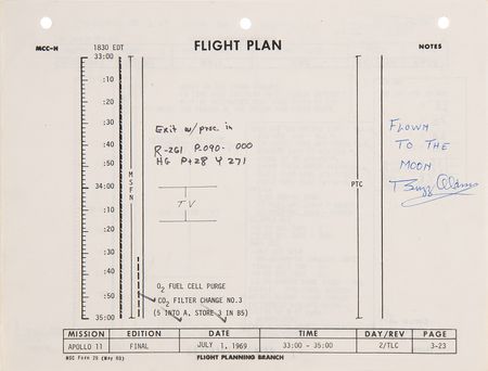 Lot #8177 Apollo 11 Flown Flight Plan Page Twice-Signed by Buzz Aldrin, with In-Flight Notations by Aldrin and Collins - Image 3