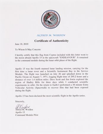 Lot #8348 Apollo 15 Flown Flag of Cyprus - From the Personal Collection of Al Worden - Image 2