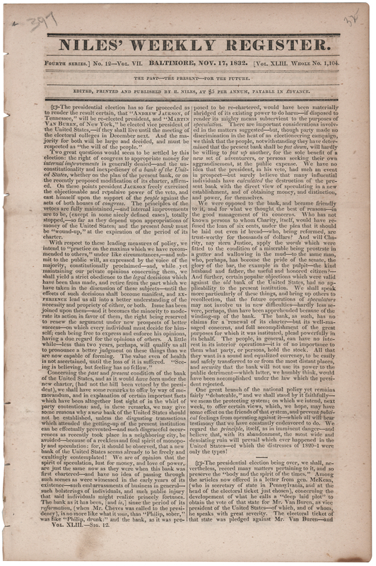 Lot 114 Andrew Jackson's Second Election: Niles' Weekly Register from November 17, 1832