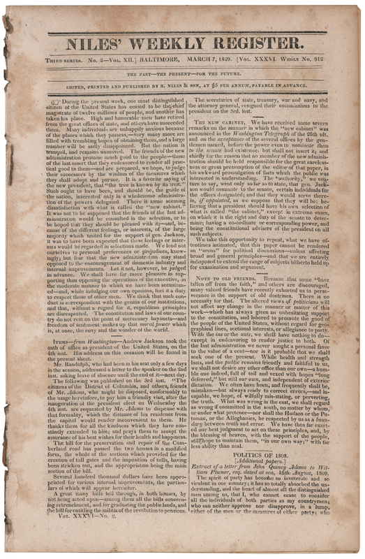 Lot 113 Andrew Jackson's First Inauguration: Niles' Weekly Register from March 7, 1829