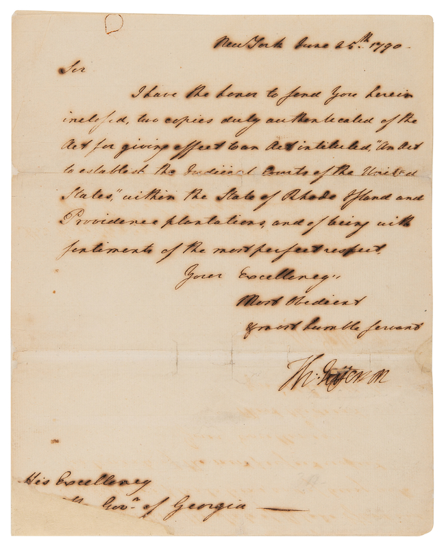 Lot 3 Thomas Jefferson Letter Signed as Secretary of State, Transmitting an Act of Congress Organizing Rhode Island's US District Court, Weeks After Ratification of the Constitution