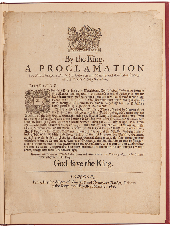 Lot 242 King Charles II: Broadside Proclaiming the 1674 Treaty of Westminster, Which Returned New York to Great Britain