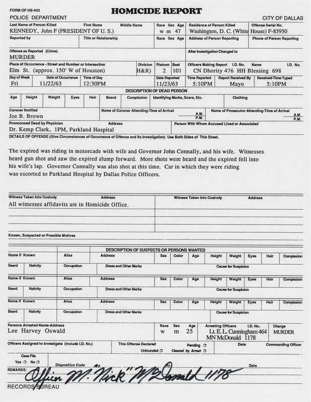 Lot 362 Kennedy Assassination: Maurice 'Nick' McDonald Signed Homicide Report