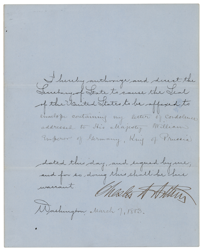 Lot 62 Chester A. Arthur Document Signed as President, Sending Condolences to German Emperor William I